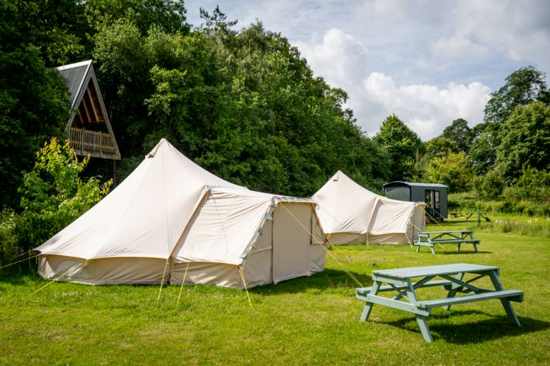 Bell Tent 1 SPINDLE field pitched with porch