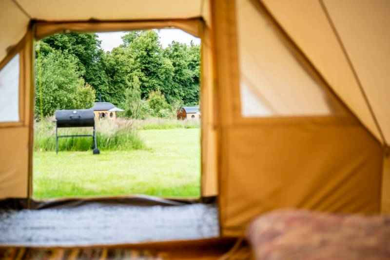 Bell Tent 1 SPINDLE field pitched with porch