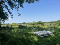 5m Bell tent with outdoor bed under a tree