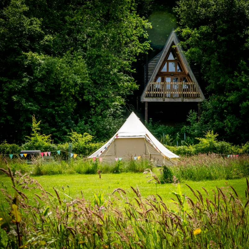 Bell Tent 1 SPINDLE field pitched with porch